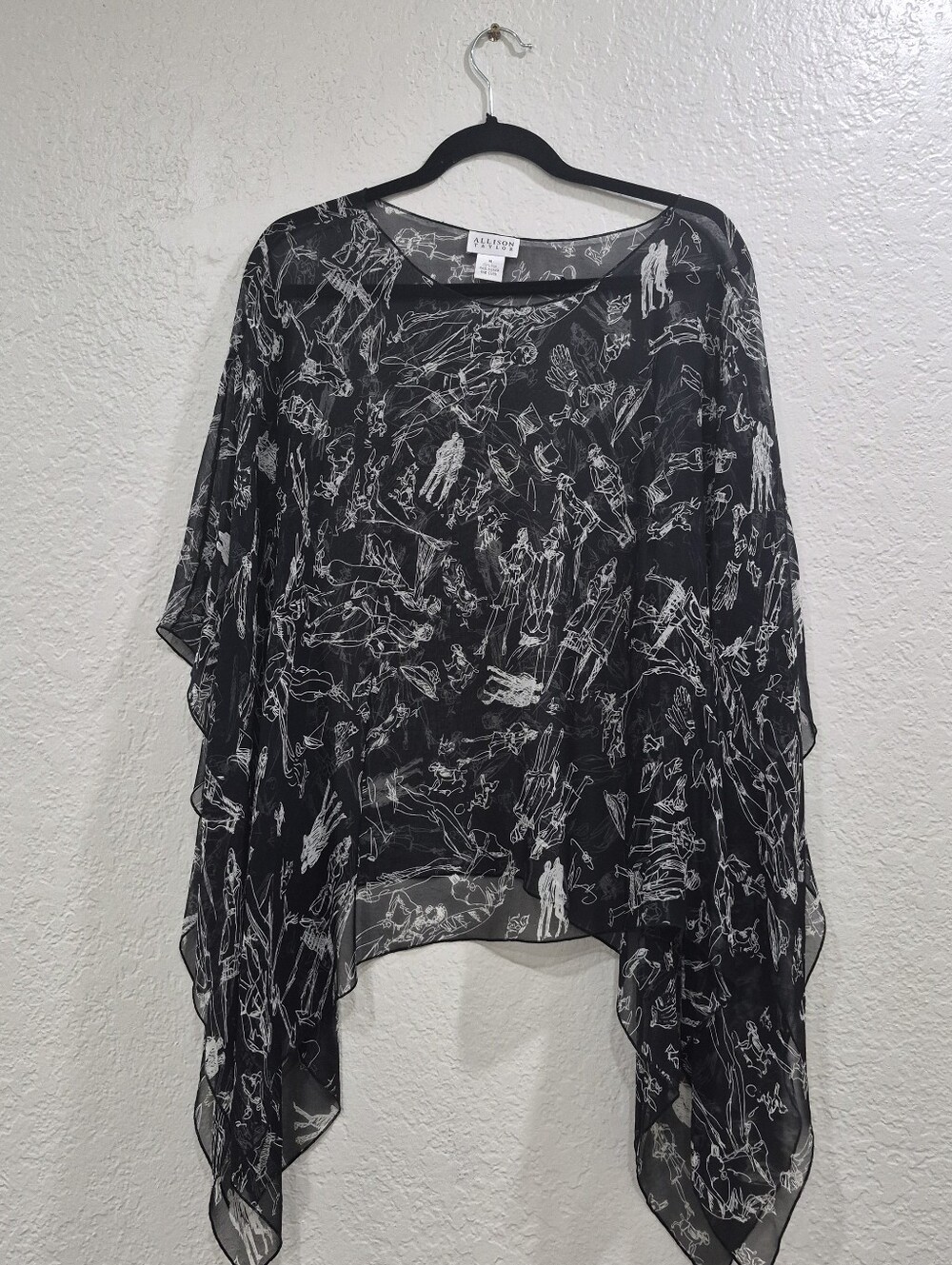 Allison Taylor 100% Silk Sheer Black Overlay Poncho Sketch Print M/OS - Picture 2 of 9